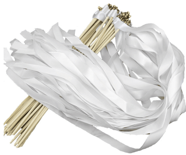 White Ribbon Wands with Bells- 50 piece